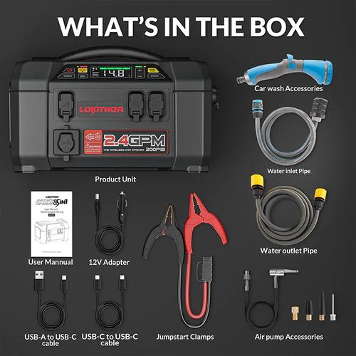 LOKITHOR 12V 2500A Jump Starter & Water pump & Air Inflator, Flashlight & Power Bank