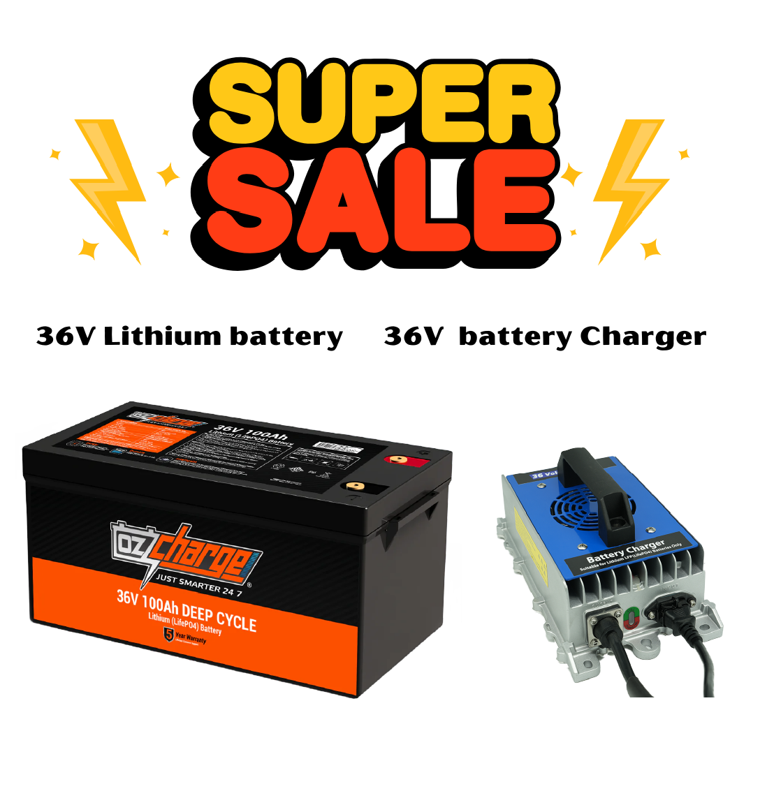 36V 100Ah Lithium LifePO4 Deep Cycle Battery + On-Board 36V 20A High-Precision Marine Lithium Battery Charger combo