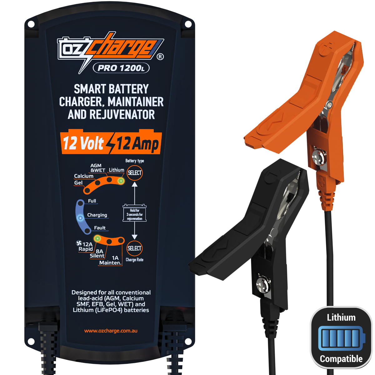 12V 12A Pro Series Battery Charger and Maintainer Lead-Acid + Lithium