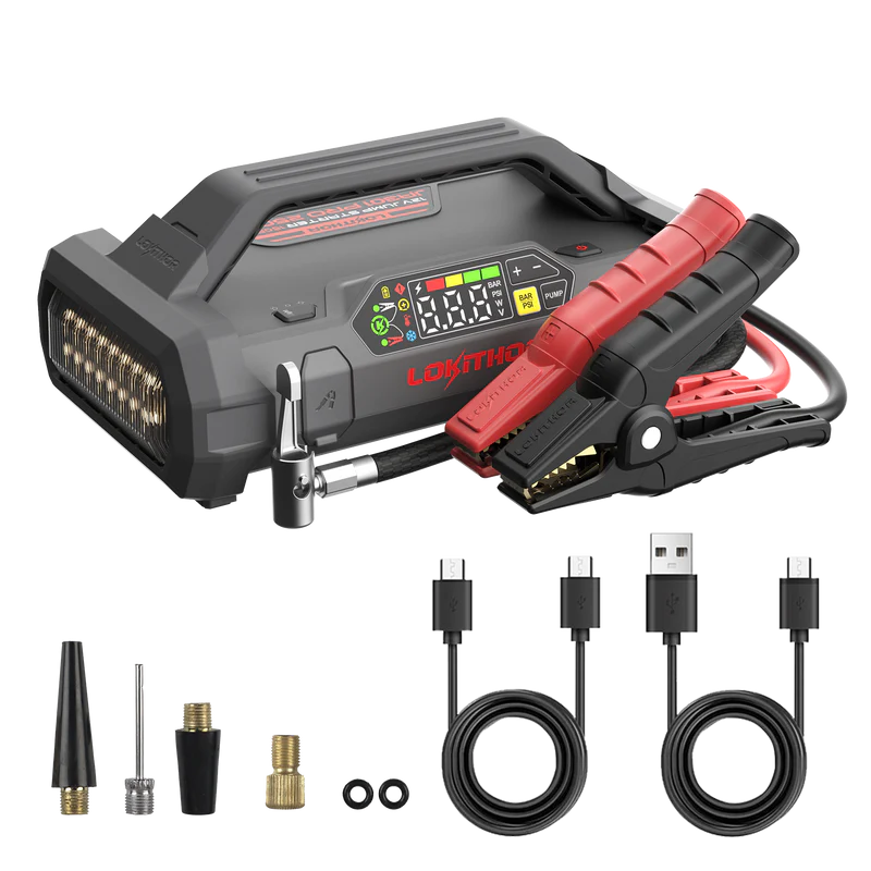LOKITHOR Essential 4-in-1 Multifunction Rescue Jump Starter Pack 2500A @ 12v + Digital Air Pump Compressor + LED Torch + USB Power Bank